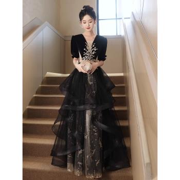 黑色宴會晚禮服女高階感學生日成人禮藝考主持人獨唱聲樂年會大碼