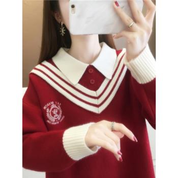 秋季2025新款假兩件POLO領假兩件學院風中長款毛衣女爆款上衣外套