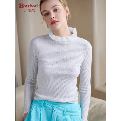 貝加爾2024秋冬木耳邊網紗半高領打底針織衫白色水鉆100%山羊絨衫