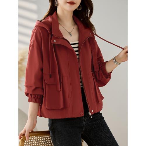 復古紅色工裝短風衣外套女2025春秋新款寬松百搭休閑連帽夾克上衣