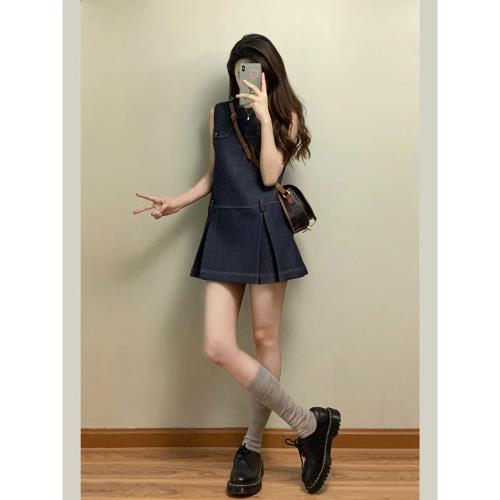 法式氣質小眾設計高級感無袖a字短裙子女復古辣妹牛仔背心連衣裙