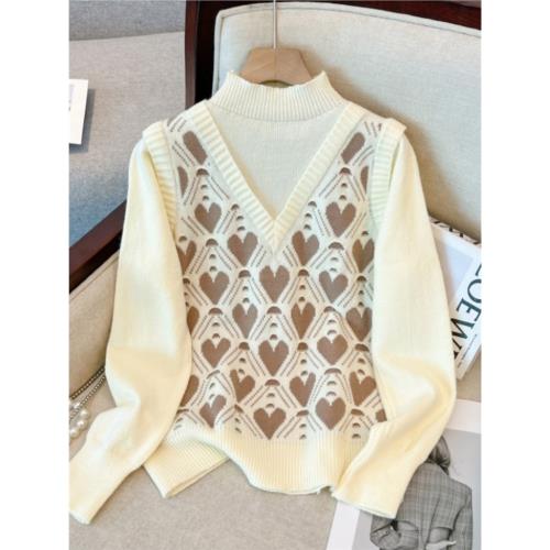 小香風馬甲假兩件毛衣女春裝大碼胖mm洋氣減齡顯瘦遮肉針織衫上衣