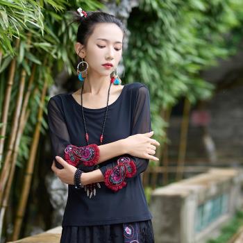莫代爾新款復古拼接T恤上衣繡花