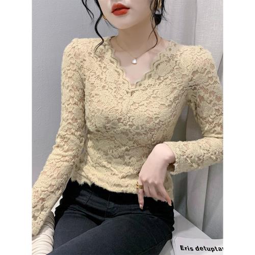 2025秋冬新款性感氣質V領蕾絲衫女長袖洋氣上衣修身百搭打底小衫