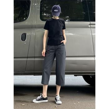 左手日記2024夏新款棉質小個子灰色直筒七分褲日系簡約女褲顯瘦