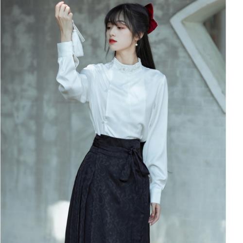 秋新款黑色提花馬面長裙＋白色襯衫刺繡日常國風漢服女套裝