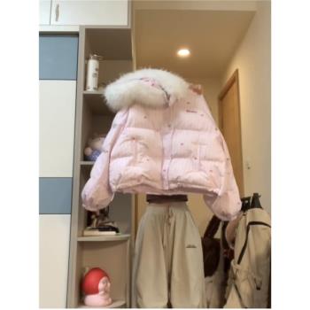 美式設計感條紋蝴蝶結毛領連帽棉服外套女冬季加厚保暖小個子棉衣