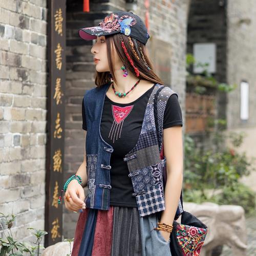 2021新款女裝民族文藝風印花拼接V領短款外披馬甲