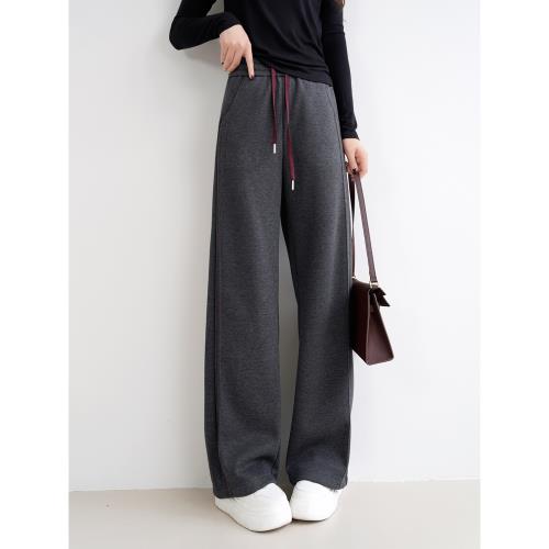 博主范~撞色抽繩側條紋顯腿長羊絨闊腿褲女暖huhu醋酸加絨直筒褲