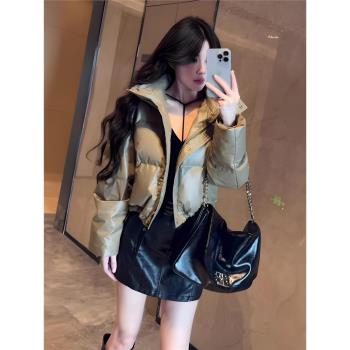 2024年冬季時尚羽絨棉服女寬松百搭加厚立領洋氣PU皮麵包服短外套