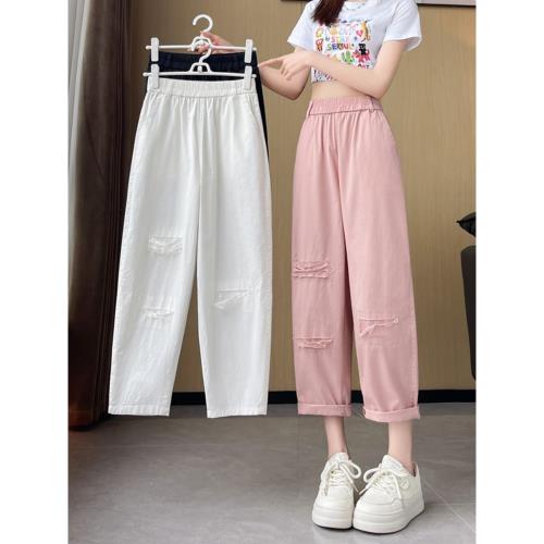 粉色冰絲哈倫褲女夏季薄款小個子高腰顯瘦寬松休閑九分老爹蘿卜褲