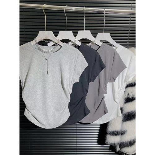 不規則正肩短袖t恤女夏2025新款弧形下擺修身顯瘦小個子短款上衣