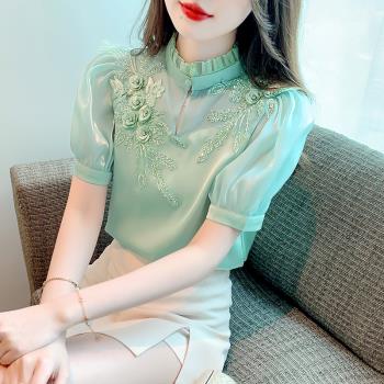 夏季泡泡袖雪紡襯衫女裝2025新款設計感小眾短袖上衣別致洋氣小衫