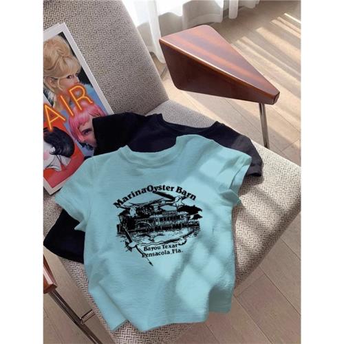 湖藍色正肩短袖t恤女裝夏季2025新款小個子美式修身高腰短款上衣