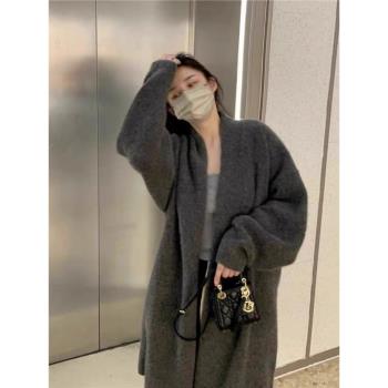 灰色中長款過膝毛衣外套女秋冬季慵懶風復古寬松加厚針織開衫大衣