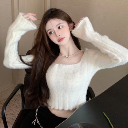 方領仿水貂毛針織衫女秋內搭溫柔風軟糯柔軟坑條喇叭袖打底衫毛衣