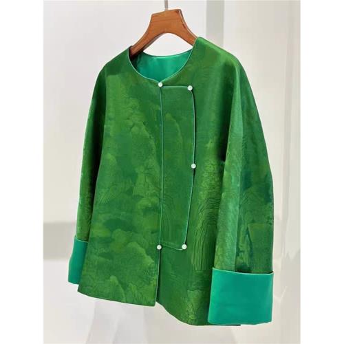 中國風綠色長袖襯衫外套女春秋高級感輕奢復古改良新中式唐裝上衣