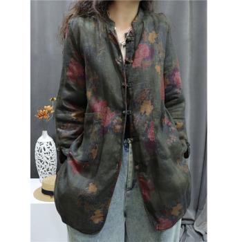 新中式盤扣棉麻棉服外套女秋冬款國風復古印花夾棉保暖棉衣小棉襖