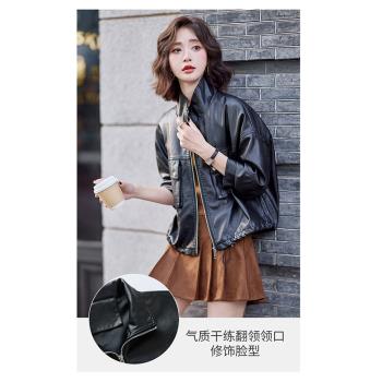 海寧真皮皮衣女2024新款春秋季綿羊皮立領寬松短款皮夾克女士外套