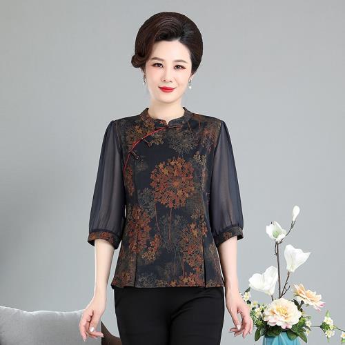 香云紗國風襯衫女士長袖春夏季新款媽媽洋氣高貴小衫真絲碎花上衣