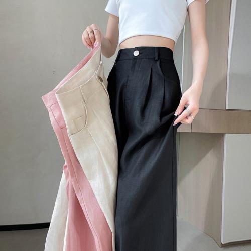 黑色闊腿褲天絲亞麻褲子女夏季薄款高腰顯瘦西裝棉麻加長休閑褲