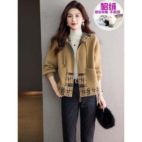 小個子洋氣貂毛外套女2025新款春秋水貂絨外搭連帽長袖上衣開衫潮