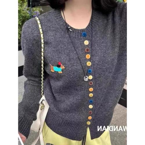 彩色紐扣撞色小狗羊毛上衣秋冬穿搭韓系穿搭百搭洋氣長袖針織衫女