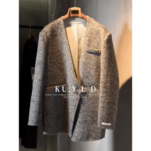 歐洲站高端精奢風極簡雙面羊駝毛盤扣寬松顯瘦短款西裝大衣呢外套