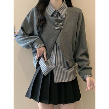 大碼女裝遮肚子設計感假兩件衛衣女春秋胖妹妹顯瘦POLO領長袖上衣