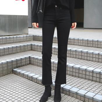 黑色高腰微喇叭牛仔褲女春季新款大碼胖mm顯瘦加絨彈力垂感九分褲