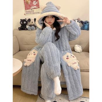 (免運)三層夾棉睡袍女冬季新款連帽睡衣卡通吉伊卡哇保暖家居服加厚加絨