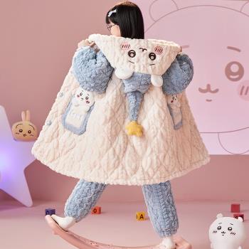 (免運)兒童睡衣加厚三層夾棉吉伊卡哇女童冬裝學生加絨家居服珊瑚絨睡袍
