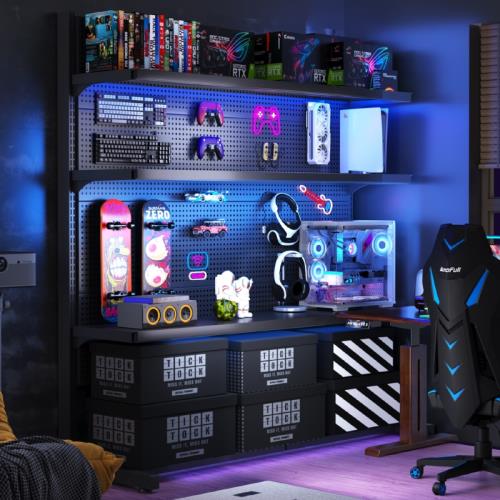 立式洞洞板置物架電競房改造布置落地金屬免打孔電腦桌面收納裝飾