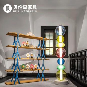 意式極簡博物架白蠟木藝術波浪書架奢華別墅大平層多層裝飾置物架