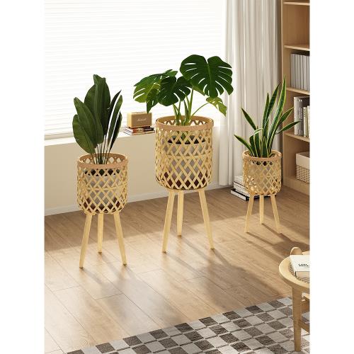 三夢花架子客廳落地式花盆托架2025新款創意藤編植物架陽臺置物架