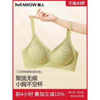 貓人內衣女小胸聚攏提拉上託收副乳防下垂性感蕾絲無痕美背文胸罩