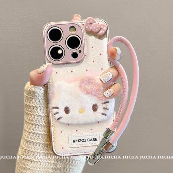 適用iPhone14promax手機殼新款蘋果14可愛女高階感pro全包鏡頭14pormax矽膠保護套plus掛繩防摔的毛絨Kitty貓