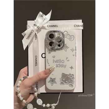 適用蘋果16ProMax手機殼iPhone15卡通少女心ins鏤空羽紗KT貓14日韓新款12帶鏡頭膜13pro全包矽膠11超火保護套