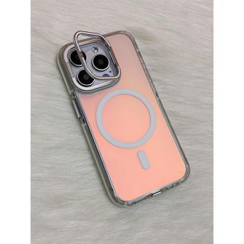 鐳射炫彩漸變適用iPhone16防滑邊13磨砂plus磁吸蘋果15手機殼帶支架15ProMax半透明14隱形鏡頭支架12PM高階11