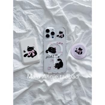 Maid Annie原創適用蘋果卡通粉蝴蝶結貓16promax手機殼iPhone15promax磁吸支架11女12透明xs可愛13手機卡包14