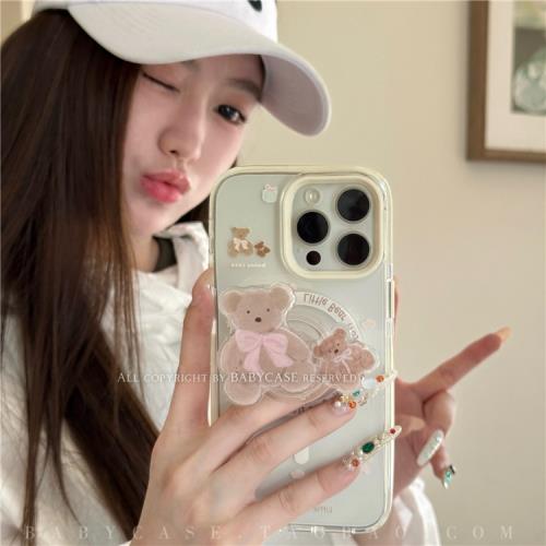 BABYCASE日韓ins小眾甜美可愛奶茶色蝴蝶結小熊透明磁吸支架手機殼適用iPhone15/14ProMax蘋果13pm/12pro