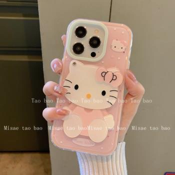 可愛卡通貓化妝鏡ins韓系14適用16pro蘋果16ProMax手機殼iPhone16/13高階感軟15Promax矽膠保護套