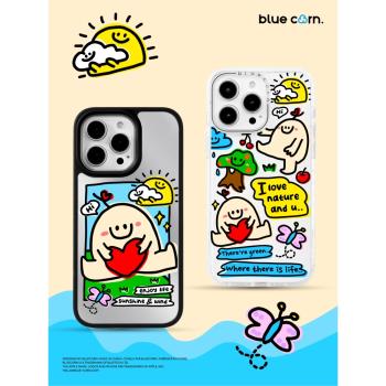 【bluecorn】藍色苞米原創春遊皮蛋愛心皮蛋適用於iPhone 16 15 14 PRO MAX magsafe鏡面磁吸全包防摔手機殼