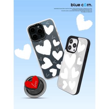 【bluecorn】藍色苞米簡約系列白色戀人LOVE適用於iPhone 16 15 14 PRO MAX magsafe鏡面磁吸全包防摔手機殼