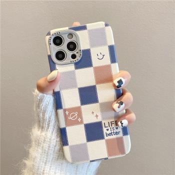 卡巴頓 日韓棋盤格笑臉適用蘋果15手機殼新款iphone16promax男女13超好看11防摔12小羊皮情侶14pro小眾不撞殼