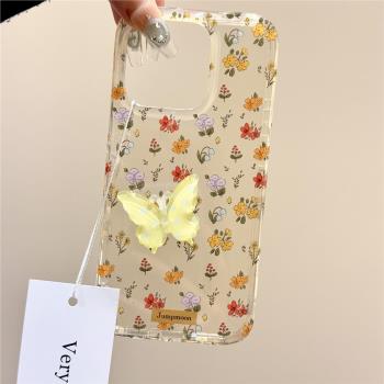 小清新透色滿屏碎花立體蝴蝶適用蘋果16promax手機殼iphone15新款14pro女款13pm全包保護殼