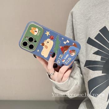塗鴉卡通鱷魚狗狗適用iPhone16promax蘋果15手機殼13Promax折疊支架16韓風14皮質15Pro男女款14Promax保護套