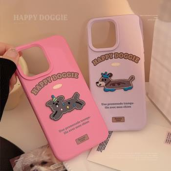 ins小眾小狗刺繡蘋果16手機殼立體iphone14適用13軟15pro max矽膠