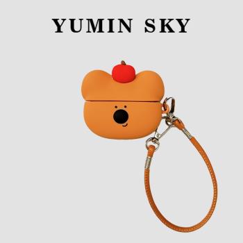 YUMIN SKY.韓風立體卡通小熊適用Airpods4代蘋果無線藍牙耳機保護套2/3掛繩Pro2代男女AirPods新三代矽膠軟殼