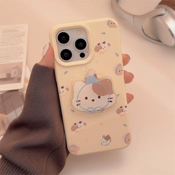 萌系小貓支架iphone14手機殼蘋果15奶黃卡通16promax適用13防摔12